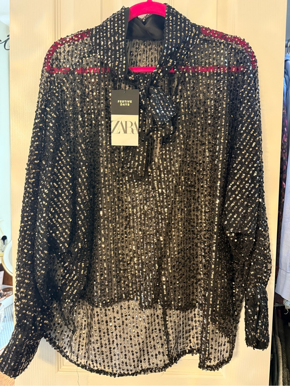 Zara Black Sequin Tie-Neck Blouse